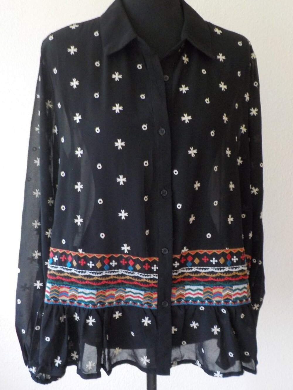 Cato Blouse - Large - Black Sheer Embroidering Long Sleeve Button Up (2589)
